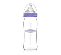 Lansinoh Biberón de Cristal de Lansinoh para Leche Materna con tetina simuladora del pezón, flujo medio, 240 ml/1 Ud., lila/transparente