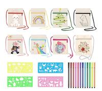 Lansls 8 Bolsas De Tela Para Pintar Para Niños, Bolsos De Hombro Pequeños Con 12 Lápices De Colores, 4 Plantillas De Pintura Diy, Bolsas Para Pintar Para Niños Para Escuela, Fiesta, Fiesta, Regalo (A)