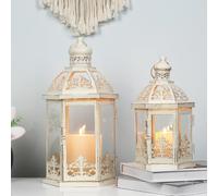 Lanterns Decorative Outdoor&Indoor, Set of 2 (15"&11") Beige Metal Lantern Decor with Glass, Candle Holder for Porch, Patio, Garden, Fall, Wedding, Christmas, Table Centerpiece