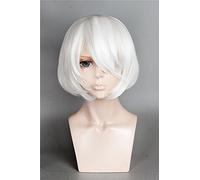 LanTing Cosplay Peluca NieR:Automata 2B White Short Cosplay Party Fashion Anime Human Costume Full wigs Synthetic Cabello Heat Resistant Fiber
