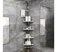 LANTUS - Estante de ducha ajustable en altura, estante de baño, almacenamiento de baño telescópico, altura total, acero inoxidable, 4 niveles, 1 toallero (254-304 cm de plástico) blanco