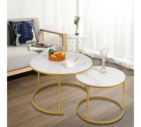 LANTUS Juego de 2 Mesas Auxiliares, Mesa de Centro Redonda, Mesas Nido Mesitas de café para Salón Dormitorio Oficina, Estilo Industrial, Marco de Acero, 70 * 70 * 45 cm (Blanco y Dorado)