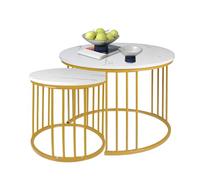 LANTUS - Mesa de centro para salón, para ventana y ventanal, mesa de café de 2 piezas, mesa redonda moderna, mesa redonda (60 x 60 x 45 cm y 40 x 40 x 38 cm), color blanco y dorado