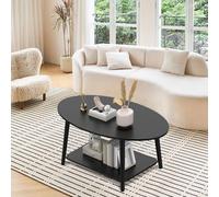 LANTUS - Mesa de té de madera maciza, mesa de salón/bajo/auxiliar, ovalada de doble nivel, 100 x 53 x 45 cm, color negro