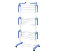 LANTUS Perchero de ropa con 3 estantes y 4 ruedas, torre secadora de ropa con estantes de secado extensibles, perchero con 2 alas para interior con alas plegables (75*64*170 cm (azul y blanco))