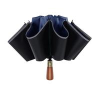 Lantusire Paraguas de lluvia invertido automático con tira reflectante, mango de madera, paraguas plegable grande resistente al viento para mujeres y hombres, UPF 50+, 10 varillas, azul marino
