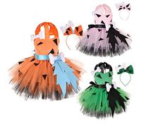 Lanunlly Disfraz Halloween Niña Vestido de Pebbles Picapiedra con Diadema Disfraces Halloween Ropa Niñas Pequeños Vestidos para Carnaval Fiestas y Truco o Trato Cumpleaños Fiesta Naranja Verde Rosa