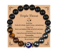 LANWLOSI Pulsera de triple protección para hombres y mujeres, ojo de tigre, ojo de tigre, turmalina negra, pulsera de cuentas de hematita curativa, espiritual, equilibrio de poder, regalo de joyería