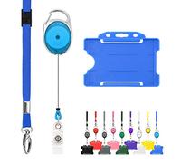 LanyardsTomorrow - Cordón retráctil y soporte de insignia, paquete triple de trío - incluye un solo cordón liso, mosquetón extensible y soporte para tarjeta de identificación rígida., color azul