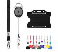 LanyardsTomorrow - Cordón retráctil y soporte de insignia, paquete triple de trío -un solo cordón liso, mosquetón extensible y soporte para tarjeta de identificación rígida., color negro