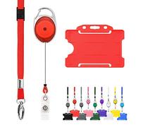 LanyardsTomorrow - Cordón retráctil y soporte de insignia, paquete triple de trío -un solo cordón liso, mosquetón extensible y soporte para tarjeta de identificación rígida., color roja