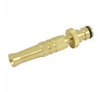 Lanza de latón regulable con racor rápido macho y boquilla ajustable para mangueras, ideal para riego eficiente y control de agua.