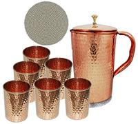 Lanzador de cobre w/mango de cobre y 6 vasos, 100% puro Embarcaciones martillado, Heavy Duty Jarro de cobre, hecha a mano, 1600-ML, Mejor para el agua, el Ayurveda, Moscow Mule, cócteles