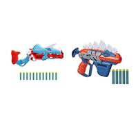 Lanzador Nerf DinoSquad Tricera-Blast, Carga de 3 Dardos con Apertura, 12 Dardos Nerf, Porta-Dardos + Lanzador de Dardos Stegosmash, Porta-Dardos para 4 Dardos, 5 Dardos Oficiales