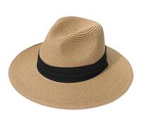 Lanzom - Sombrero de paja para mujer estilo Panamá, con ala ancha, plegable, para playa, con protección solar UPF50+, Marrón/Negro, L-XL