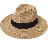 Lanzom Sombrero panamá enrollable de paja de ala ancha para mujer, sombrero Fedora para el sol de playa UPF50+, 002-fold Belt Brown, Talla única