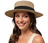 Lanzom UPF50+ - Sombrero de paja de ala ancha para mujer, sombrero de sol para navegante, verano, playa, Caqui, M-L