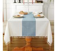 Laolitou Mantel para Mesa de Comedor, Mantel rústico para Mesa de Cocina, Mantel de Mesa Auxiliar, Tela de Lino de algodón, manteles rectangulares pequeños, Beige, Rayas Azules, 55 x 102 Pulgadas