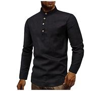 LAOLUO Camisa algodón lino manga larga para hombre cuello redondo estilo casual simple a la moda ajustada color liso negro azul blanco rojo gris 4 botones para otoño e invierno 01-negro XXXXXL