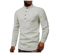 Laoluo Camisa de algodón y lino de manga larga para hombre cuello redondo estilo casual simple a la moda ajustada color liso negro azul blanco rojo gris con 4 botones para otoño e invierno 02-gris 4XL