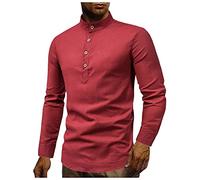 Laoluo Camisa de algodón y lino de manga larga para hombre cuello redondo estilo casual simple a la moda ajustada color liso negro azul blanco rojo gris con 4 botones para otoño e invierno 04-rojo XXL