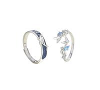 LAOYEFACAI 2 Piezas Anillo 925 Anillos de Plata de Ley Anillo de Piedra con Cristales de Circonita Mariposa Anillo de Ballena Anillos Ajustable Abierto Señoras y Señores Anillos de Boda Anillos de Par