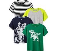 LAPASA Camiseta Niño & Niña (Pack de 4) Camisetas Manga Corta Blanca & Colores Unisex 100% Algodón K01 11-12 años Gris y Amarillo, Dino Verde + Raya Azul Marino y Blanco, Oso Azul Marino