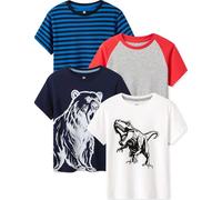 LAPASA Camiseta Niño & Niña (Pack de 4) Camisetas Manga Corta Blanca & Colores Unisex 100% Algodón K01 9-10 años Gris y Rojo + Blanco Dino + Raya Azul Marino y Azul + Azul Marino Oso