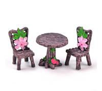 Lapiglo Juego de mesa y silla de jardín de resina en miniatura, adorno decorativo para macetas, casa de muñecas, contenedor de jardinería (café oscuro, con flores, mesa redonda)