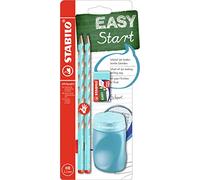 Lápiz ergonómico fino STABILO EASYgraph S - Set escolar con 2 unidades + 1 sacapuntas + 1 goma de borrar - Color azul - Modelo para diestros