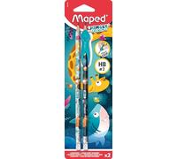 Maped Lápiz Grafito HB con Goma Jungle Fever X2 + Guía de Dedos - Perfecto para Uso Escolar - Material Esencial