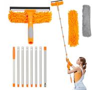 Lapluied Limpiacristales Telescopico 3 en 1, Limpia Cristales con Mango de 4M, Incluye 2 Paños y Cuchilla de Silicona, Cabezal Giratorio de 270°, Ideal para Ventanas Altas y Coches Naranja