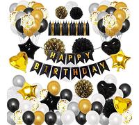 LAPONO Decoración de Cumpleaños 98 Piezas Negro y Dorado, Globos de Cumpleaños de Látex con Confeti, Guirnalda Happy Birthday, Globos de Aluminio Corazón Estrella, Pompones y Borlas para Fotocall