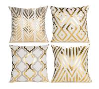 LAPONO Fundas de Cojín 45 x 45 cm Pack de 4, Blanco Dorado de Poliéster con Patrón Geométrico Dorado, Cremallera Oculta, para Cojines Decorativos Sofá Salón Dormitorio Cama Decoración, Sin Relleno