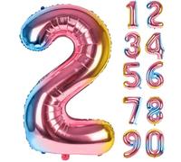 LAPONO Globo Número 2 Arcoíris, Globos Números Cumpleaños, Gigante 90 × 52 cm, Aluminio Foil Apto para Helio y Aire con Pajita, Válvula Autosellante, Decoración Fiesta Fotos Pared Mesa Dulce para Edad