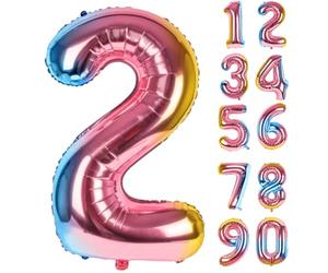 LAPONO Globo Número 2 Arcoíris, Globos Números Cumpleaños, Gigante 90 × 52 cm, Aluminio Foil Apto para Helio y Aire con Pajita, Válvula Autosellante, Decoración Fiesta Fotos Pared Mesa Dulce para Edad