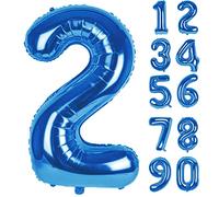 LAPONO Globo Número 2 Azul, Globos Números Cumpleaños, Gigante 90 × 52 cm, Aluminio Foil Apto para Helio y Aire con Pajita, Válvula Autosellante, Decoración Fiesta Fotos Pared Mesa Dulce para Edad