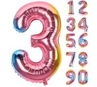 LAPONO Globo Número 3 Arcoíris, Globos Números Cumpleaños, Gigante 91 × 49 cm, Aluminio Foil Apto para Helio y Aire con Pajita, Válvula Autosellante, Decoración Fiesta Fotos Pared Mesa Dulce para Edad