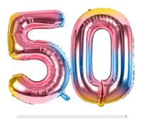 LAPONO Globos Números 50 Arcoíris, 2 Globos de Aluminio Foil Gigantes para Cumpleaños y Fiesta, Apto para Helio y Aire con Pajita, Válvula Autosellante, Decoración Fotos Pared Mesa Dulce Edad Especial