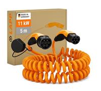 Lapp Mobility Cable de Carga EV Tipo 2 - Cable Espiral 11kW, 20A, Trifásico, Resistente al Polvo y al Agua IP55, Flexible, Compatible con Todos los Vehículos Eléctricos e Híbridos Europeos, 5m, Negro