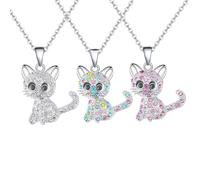 LAPQOS Collares para niña,Conjunto de 3 lindos colgantes de gato coloridos con pedrería, en collares de cadena para mujer a la altura de la clavícula.