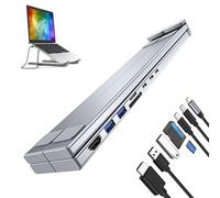 Laptop Stand with Docking Station, 8-in-1 Adjustable Cooling Riser, Ergonomic Height Adjustable Holder, Fast Charging Ports, USB Expansion Hub for Desktop, Tablet, Home Office, Workstation, Tech Setup