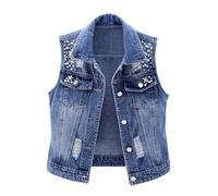 Laquieio Chaqueta Vaquera Mujer Verano Chaleco sin mangas para mujer Cadena Top De OtoñO Camisa Elegante Sudadera Con Bolsillos Tallas Grandes Chaquetas de Transición Oversized Denim Jacket -1