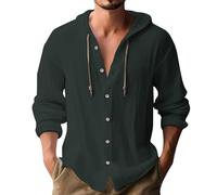 Laquieio Men's Up Long Sleeved Solid Cotton and Linen Hooded Shirt Tops Hombre Sexy (Green, M)