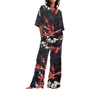 Laquieio Pijama Mujer Verano Algodon Set Corto de Algodón Estampado Casual Camiseta Manga Tirantes y Pantalón Corto Cómodo Fresco y Elegante Ropa para Dormir
