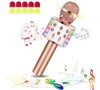 laqula Micrófono de Karaoke Inalámbrico Bluetooth con Luces LED Portátil de Mano para Cantar Karaoke Máquina de Altavoz Regalos para Niños Adultos (Champán, con 10 Cubiertas de Micrófono Desechables)