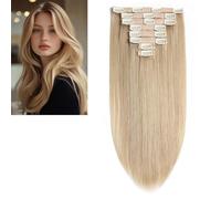 Larafona Extensiones de cabello humano 9A sin costuras en rubio miel 27#, 100% Remy extensiones de pelo real, 8 unidades, lisas, con clips de 50 cm