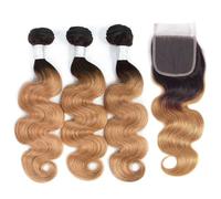 Larafona Extensiones de cabello humano brasileño T1B/27# de raíz oscura, 100 % Remy, cabello ondulado, 3 piezas con cierre de encaje (14, 16, 18 pulgadas + 12 pulgadas de cierre)