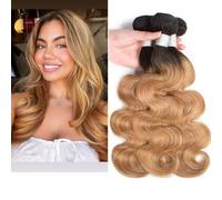 Larafona Extensiones de cabello humano brasileño T1B/27# de raíz oscura, 100 % Remy, cabello ondulado, 3 unidades (14, 16, 18 pulgadas)