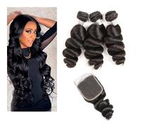 Larafona Extensiones de cabello virgen brasileño con cierre de encaje, onda suelta, color negro natural, trama de cabello humano rizado (25,4 cm, 25,4 cm + 25,4 cm de cierre)